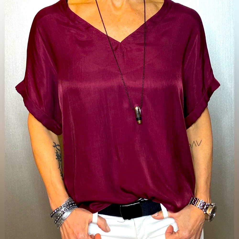 Chicos wine colored satin like  top blouse